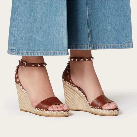 VALENTINO Brown Rockstud Espadrille Wedge Heels Size 40 Peep Sandal Ankle Strap - Picture 2 of 14